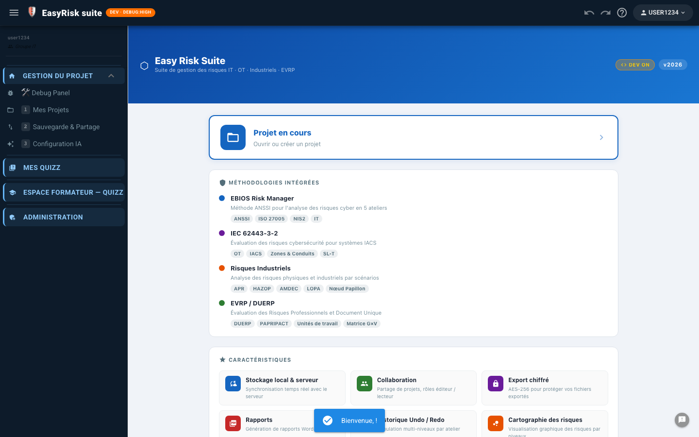 Page d'accueil après connexion